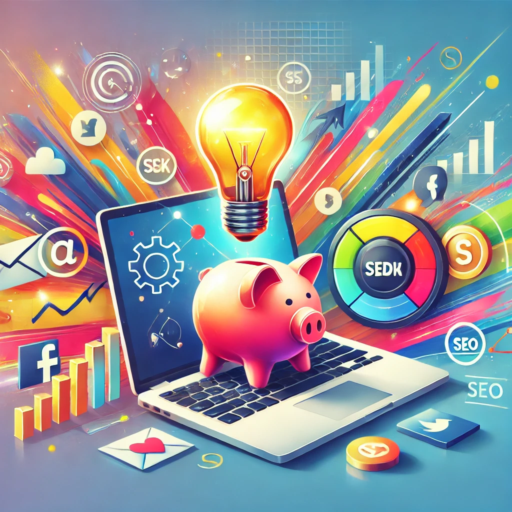 DALL·E 2025-03-15 11.02.19 - A modern, vibrant illustration representing budget-friendly marketing strategies. The image features a laptop, a light bulb for creative ideas, a pigg